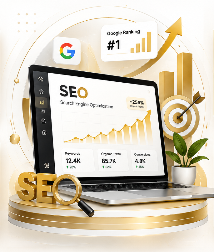SEO optimization dashboard showing keyword rankings, organic traffic and business growth